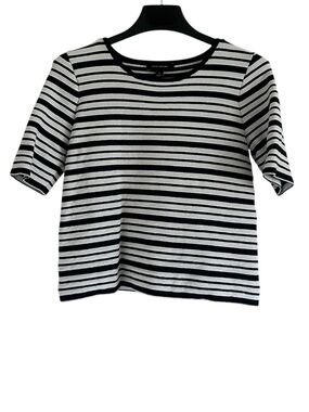 Ann Taylor Striped Navy Blue and White Size Small Short Sleeve Blouse